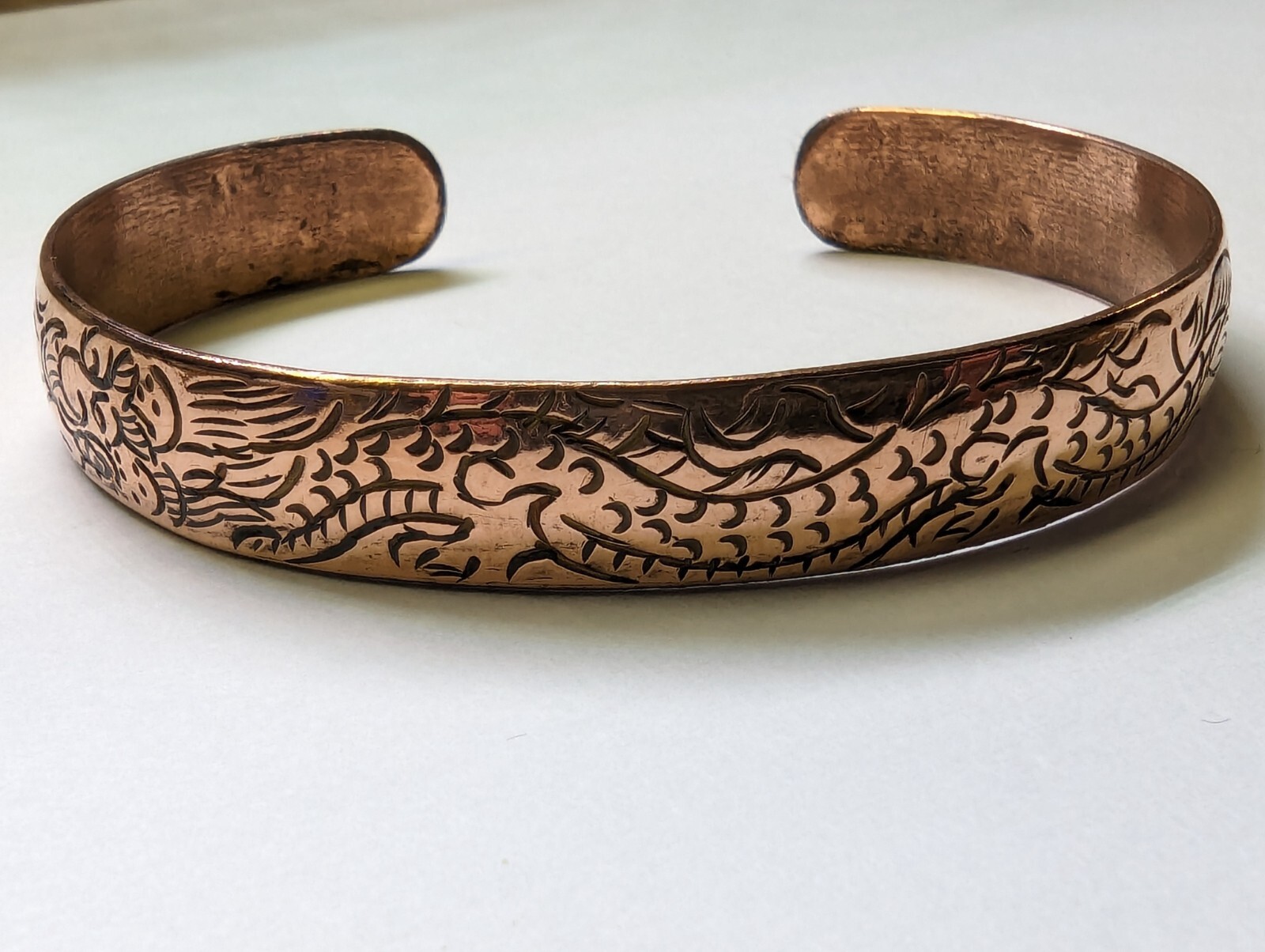 Copper Tibetan Cuff Bracelet. Hand Carved DRAGON Design. Unisex. Adjustable Fit.