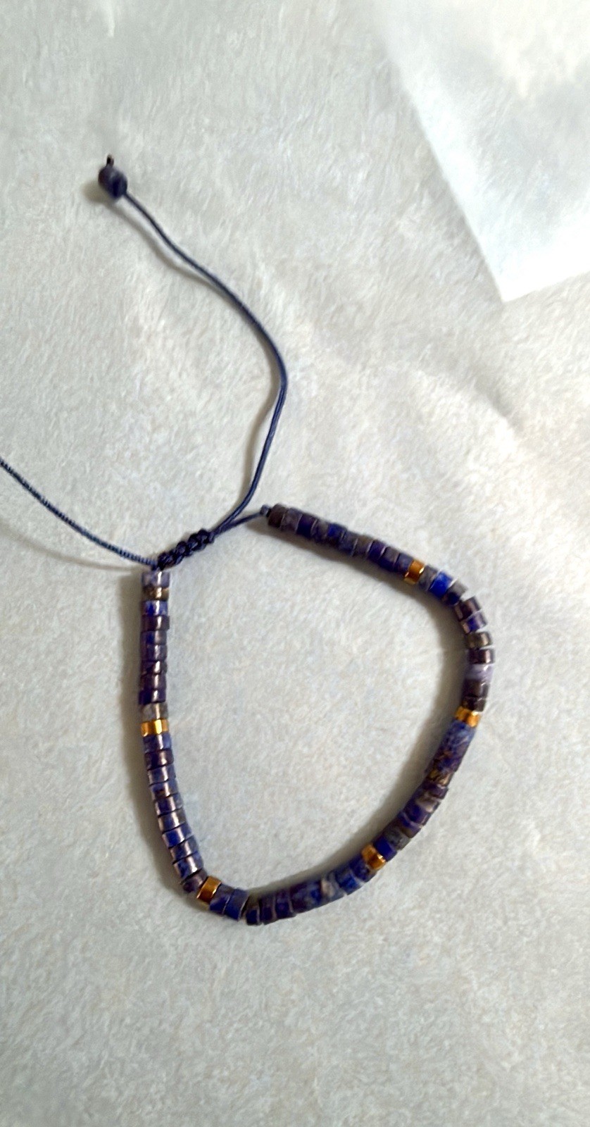 Blue Heishi Stone Beaded Bracelet Adjustable Drawstring Cord Round Shape