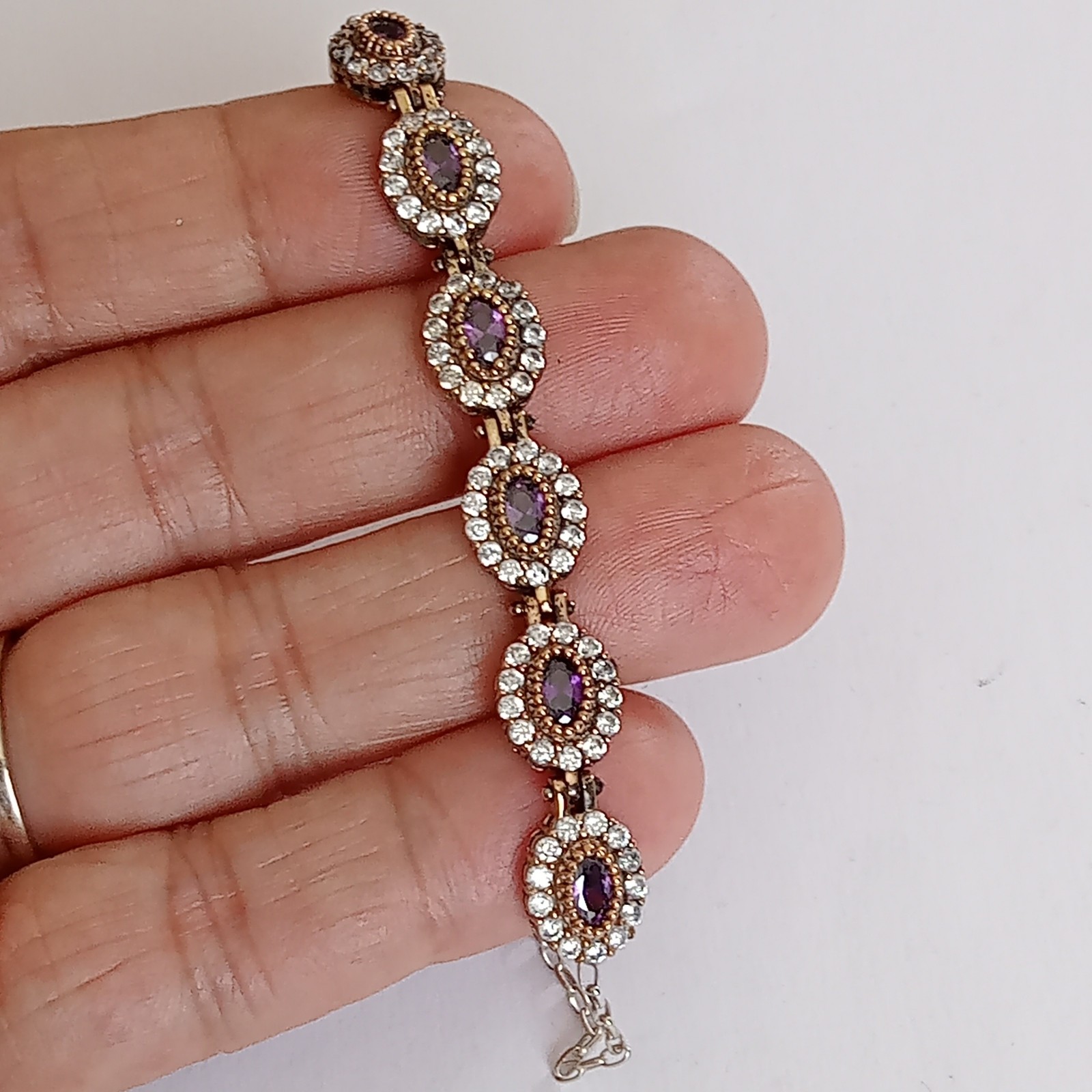 925 Sterling Silver and Bronze Turkish Handmade Oval Amethyst Topaz Bracelet
