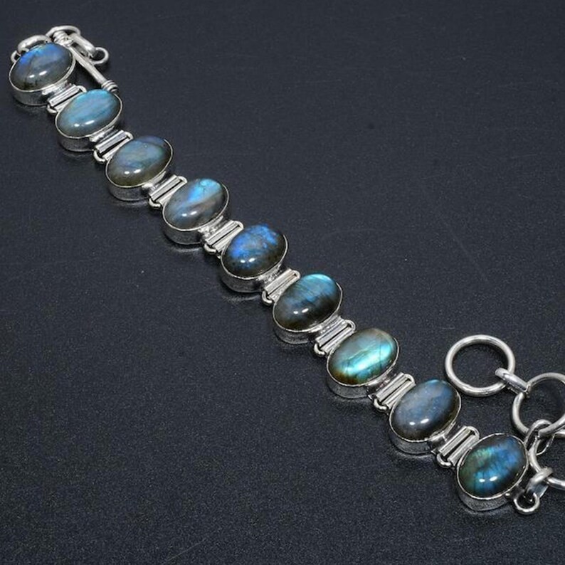 925 Sterling Silver Natural Labradorite Oval Gemstone Link Bracelet Handmade