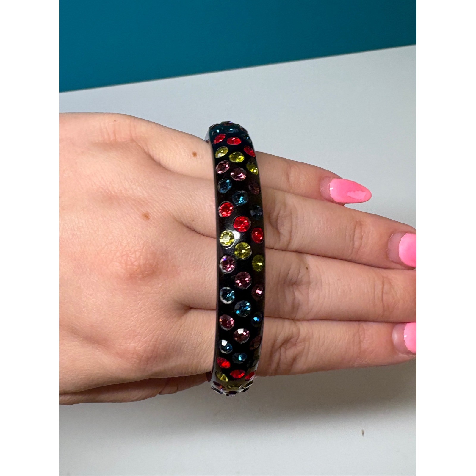 Black Resin Bangle Bracelet Multi Color Rhinestone Jeweled Retro