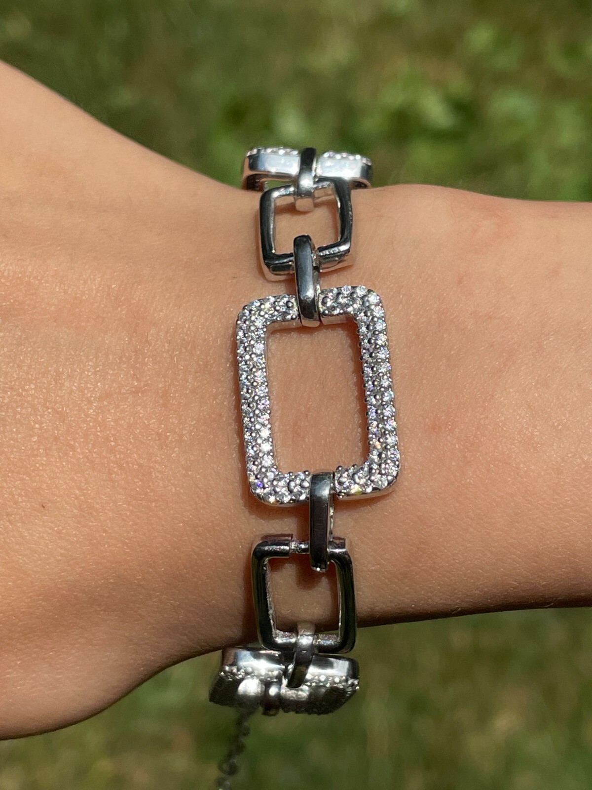 Ladies Iced Square Link Custom Bracelet Adjustable Solid 925 Sterling Silver