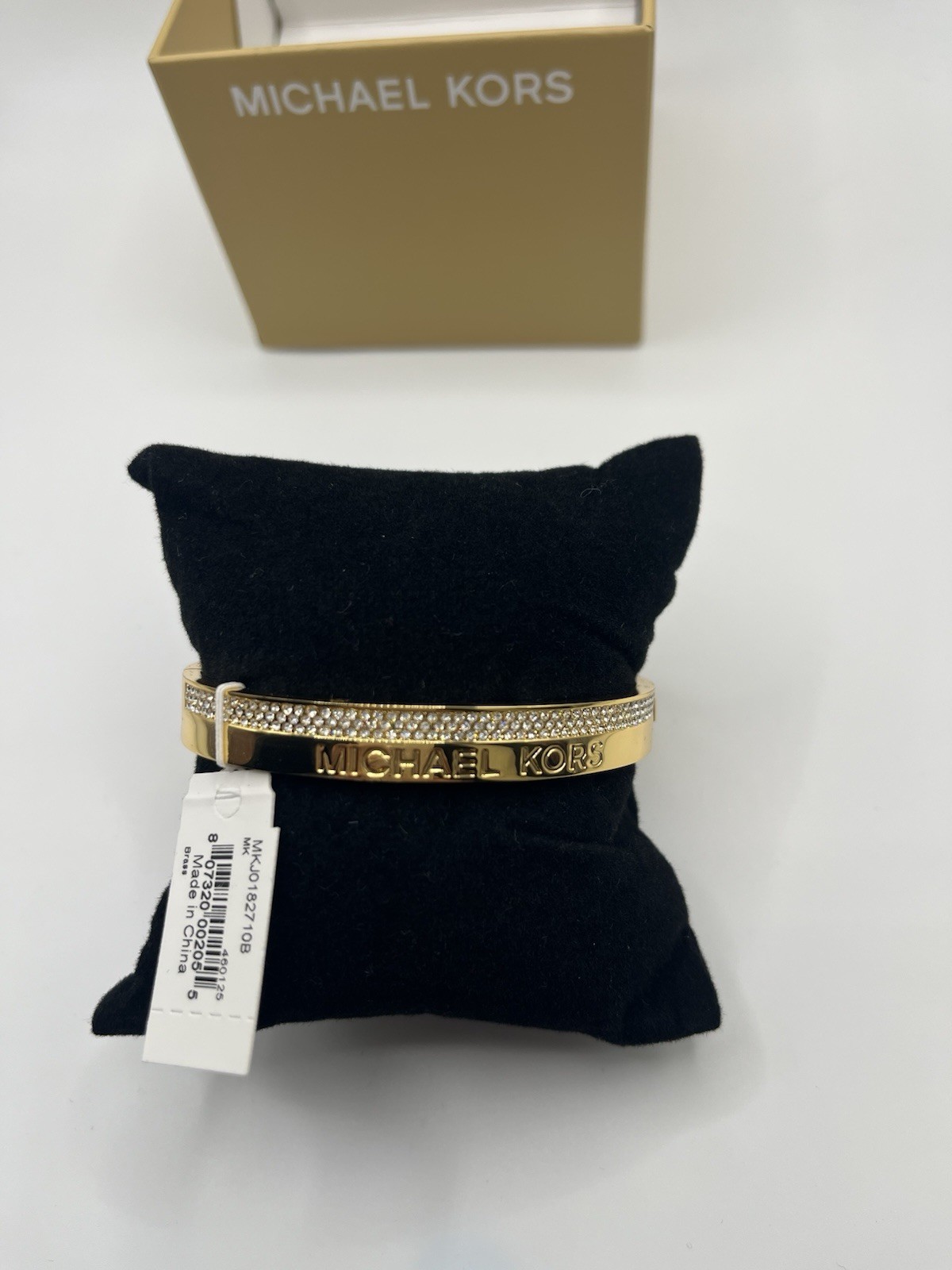 Michael Kors Gold Tone Crystal Pavé Logo Hinged Bangle Bracelet NWT Gift Box