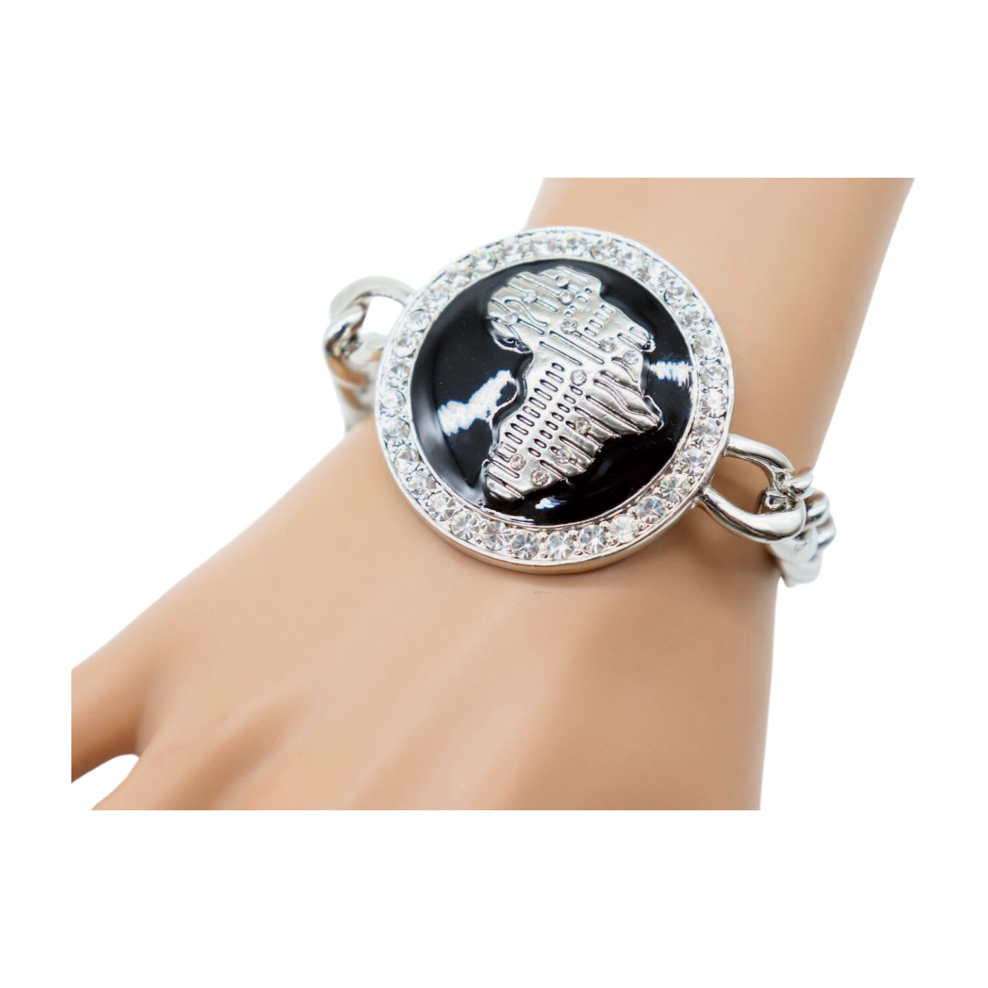 Women Silver Metal Chain Bracelet Africa Continent Bling Charm Adjustable Size