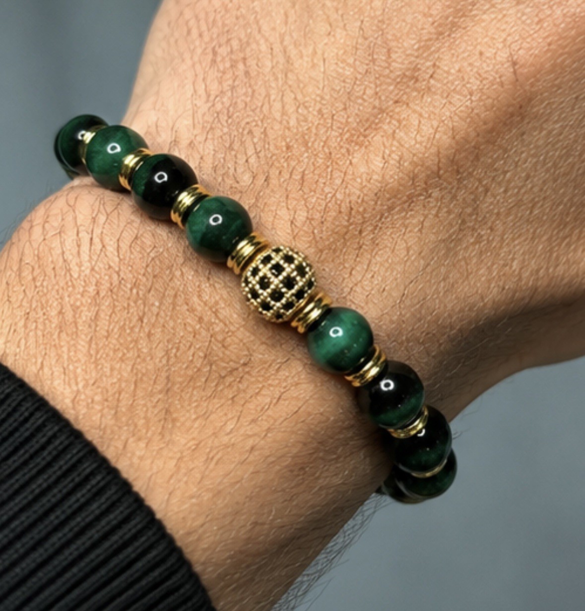 Green Tiger Eye Bracelet Men Women Natural Gemstone Gold Bead Protection Gift