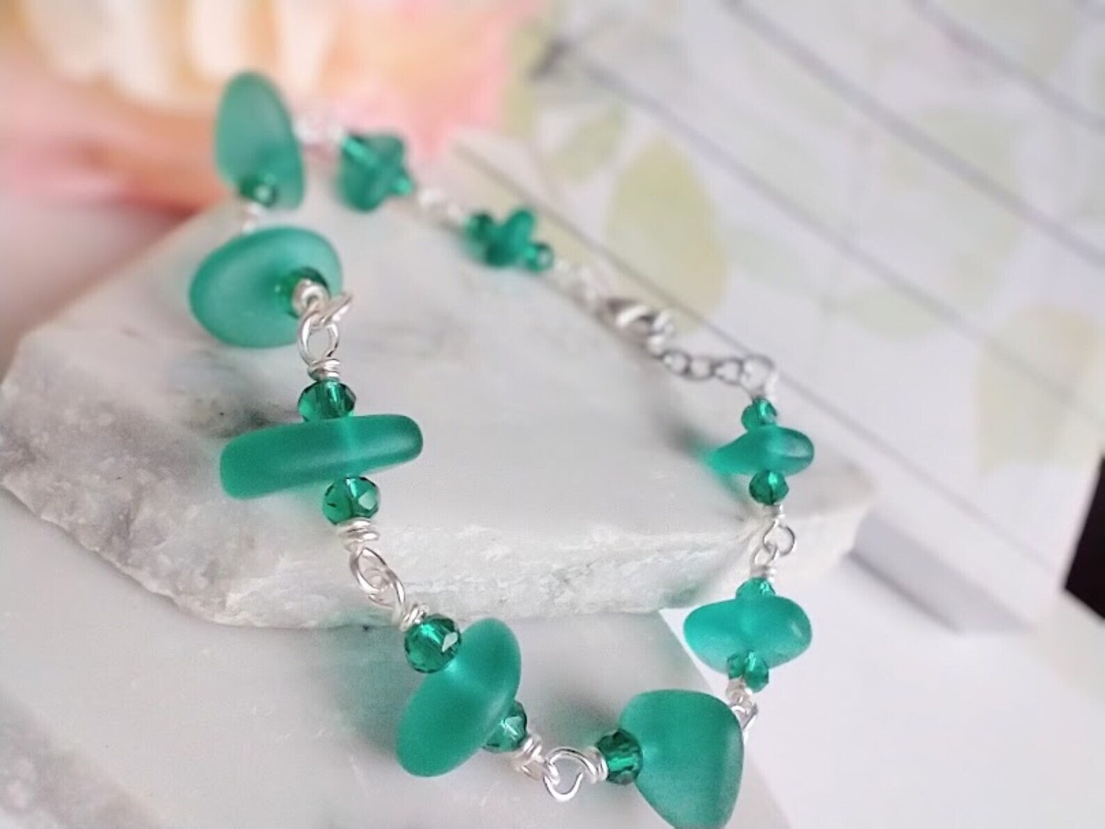 Teal Blue Sea Glass Bracelet Tennis Bracelet Charm Bracelet Minimalist Jewelry