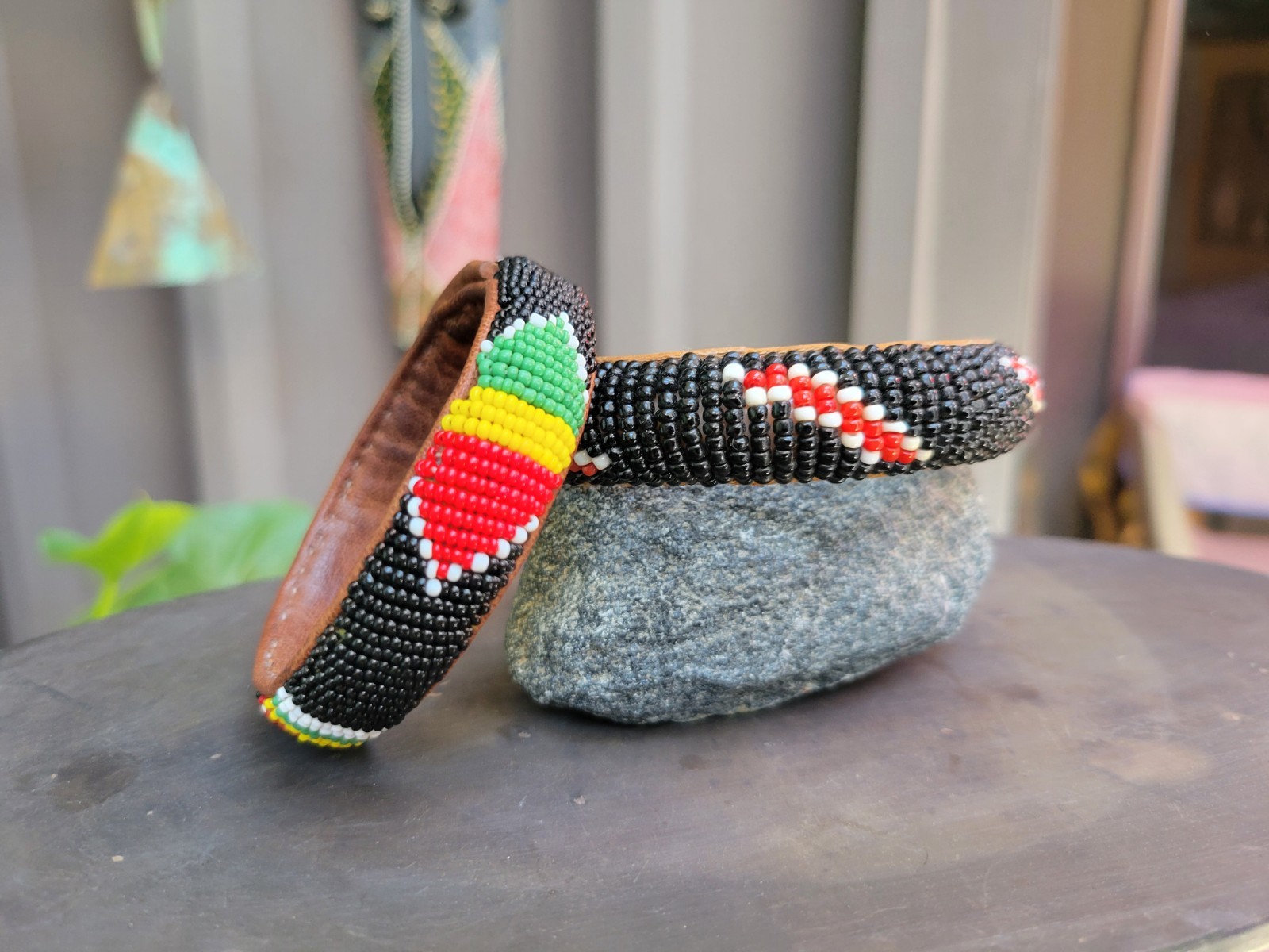 Vintage Lot of 2 African Woven Seed Bead & Leather Bangles African Colors 7″& 8″