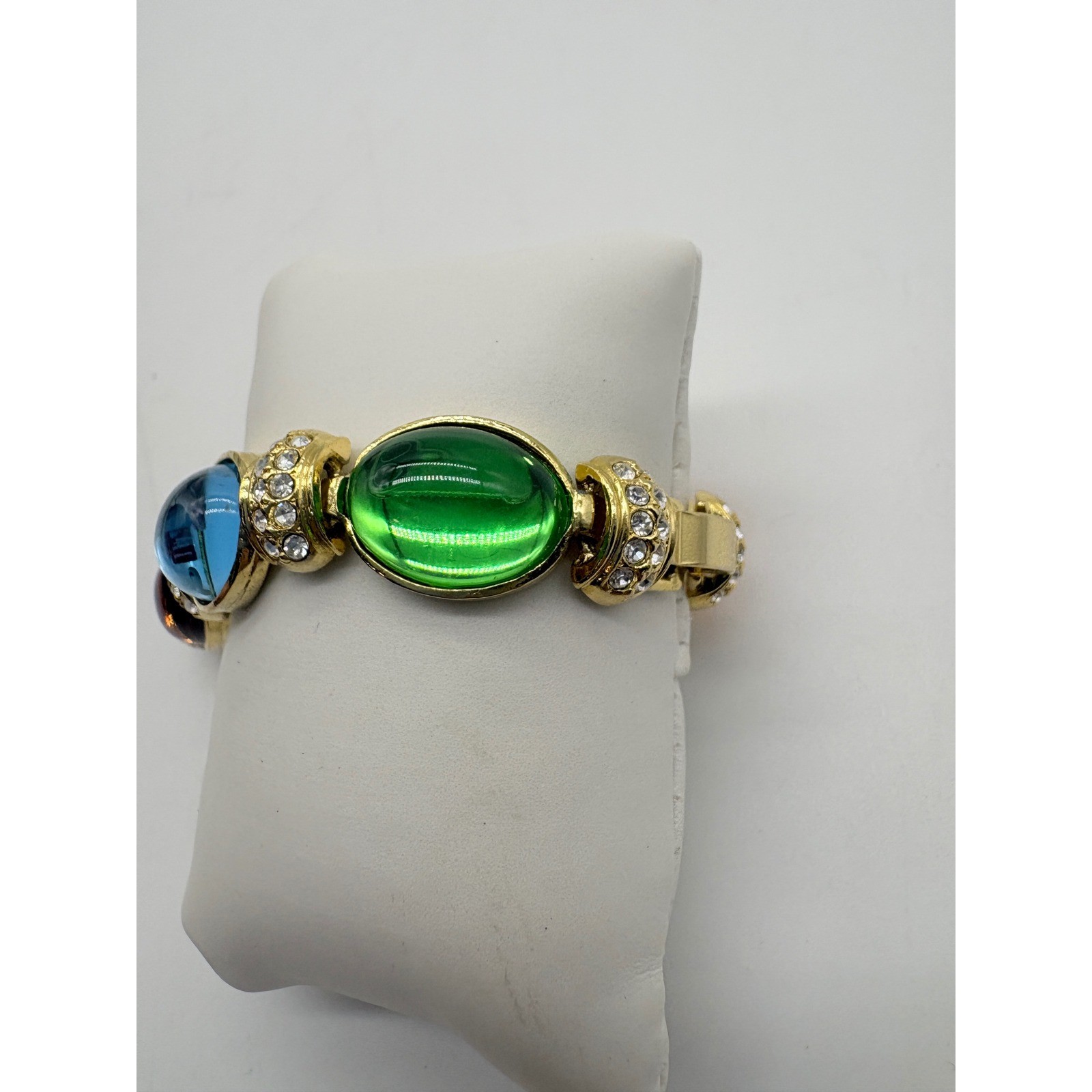 Vintage Style Gold Tone Chunky Rainbow Jelly Cabochon Rhinestone Link Bracelet