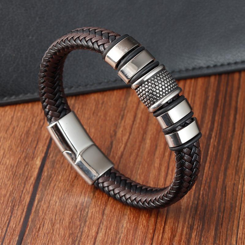 Fashion Leather Bracelet Trendy Classic Charm Braided Wrap Stainless Steel