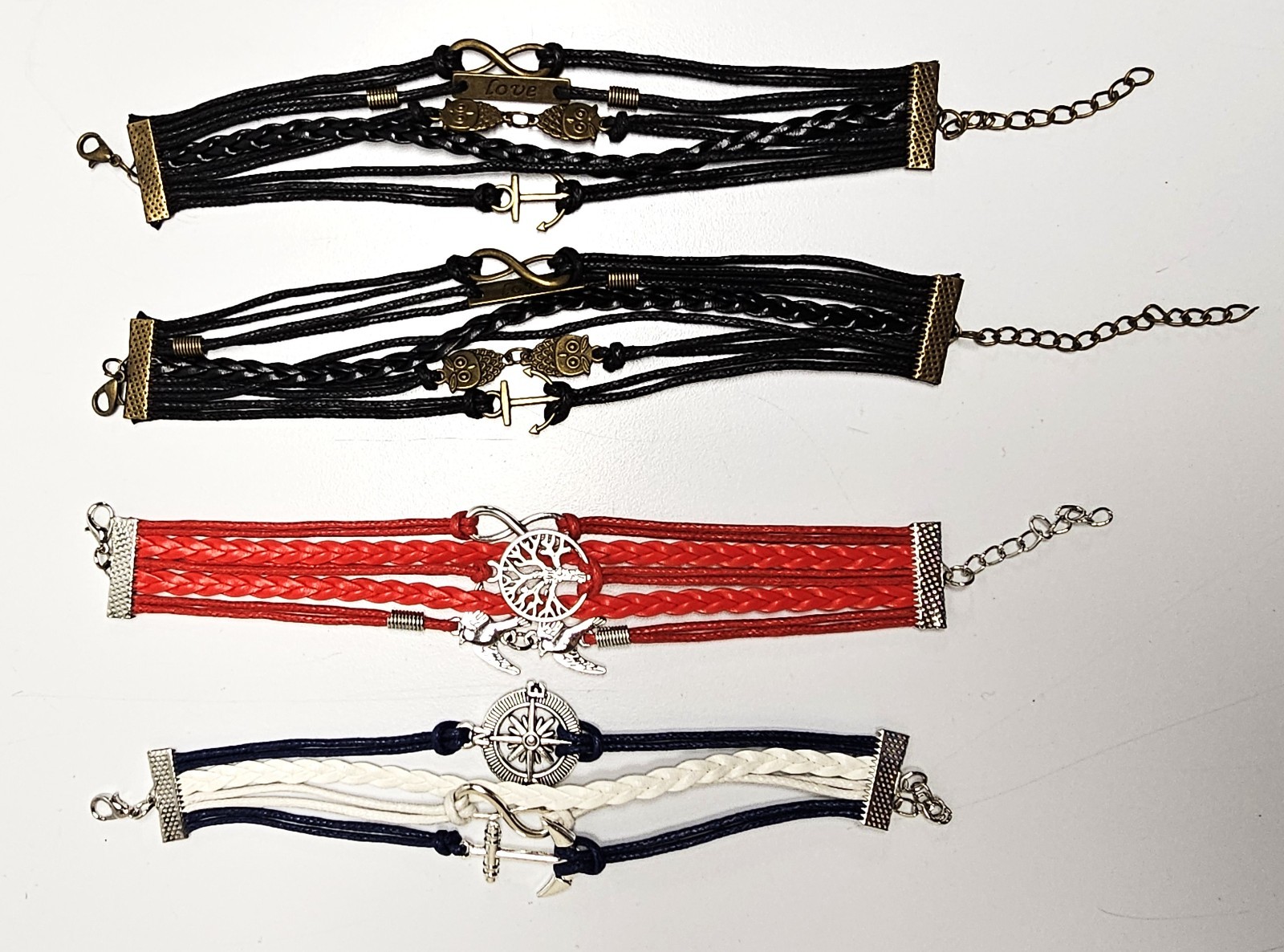 Faux Leather Charm Bracelets, Lot of Four, Inspiration Strand Braided Wraps