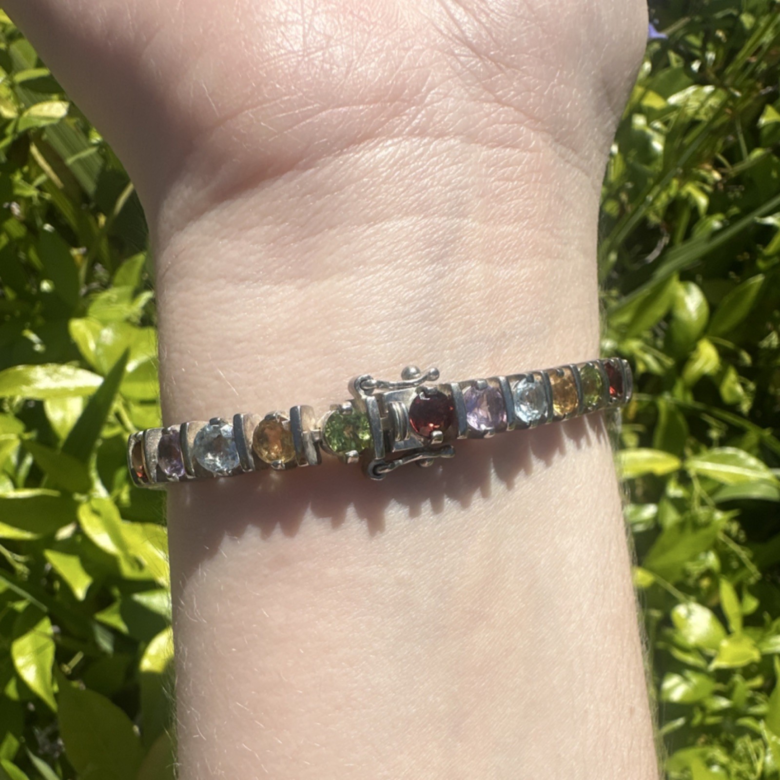 Sterling silver 925 Multicolor semi-precious tennis bracelet, box clasp, 8in