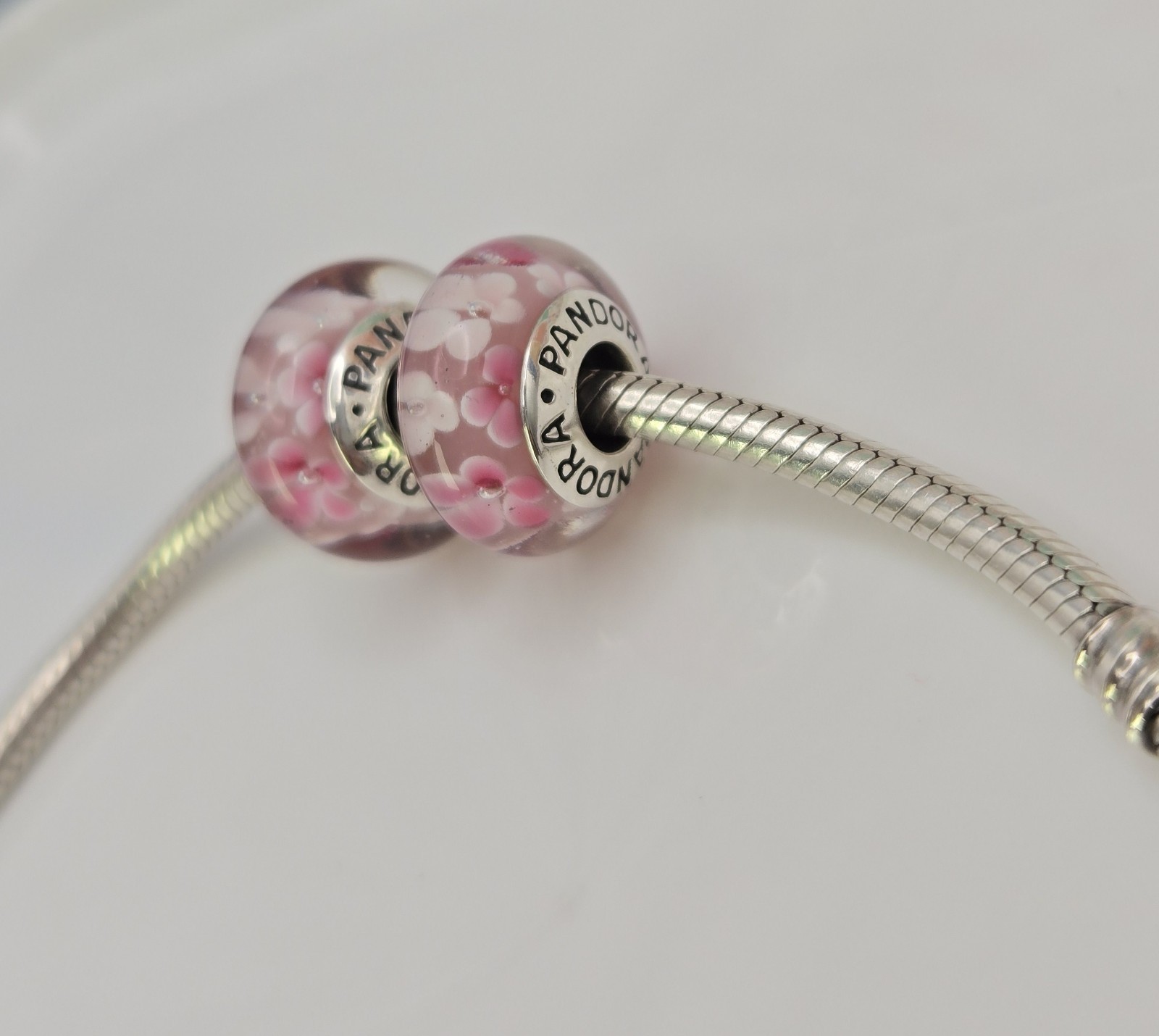 Authentic Pandora Pair of pink flower delicate pink floral Charms Murano Glass