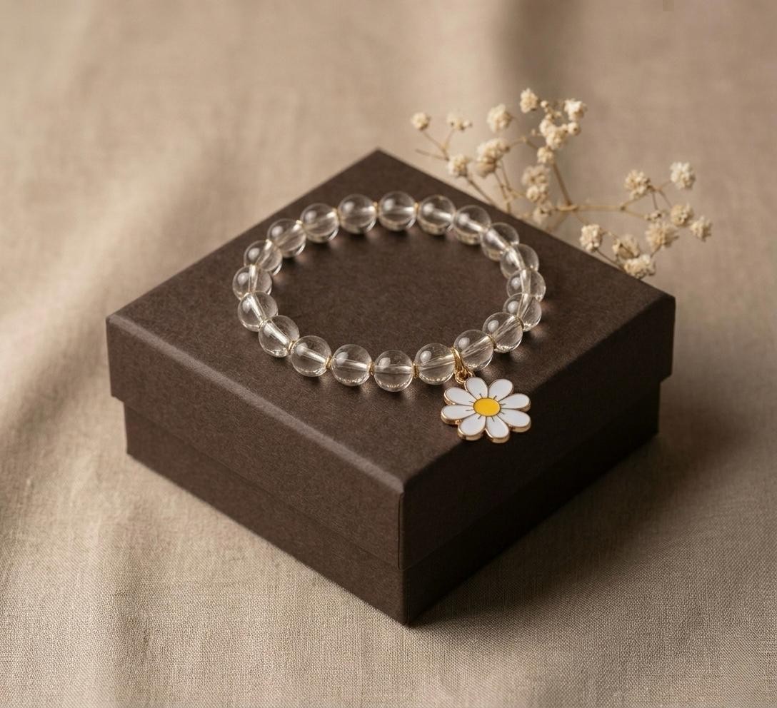 White Daisy Bracelet, Crystal Bead Bracelet, Flower Charm Bracelet, Cute Bracele