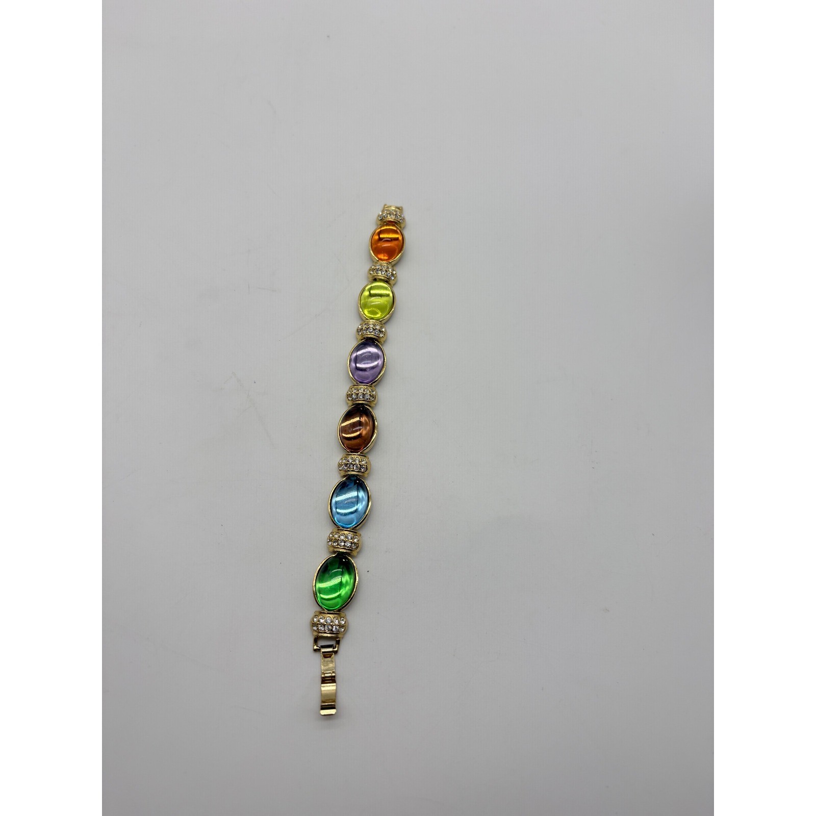 Vintage Style Gold Tone Chunky Rainbow Jelly Cabochon Rhinestone Link Bracelet