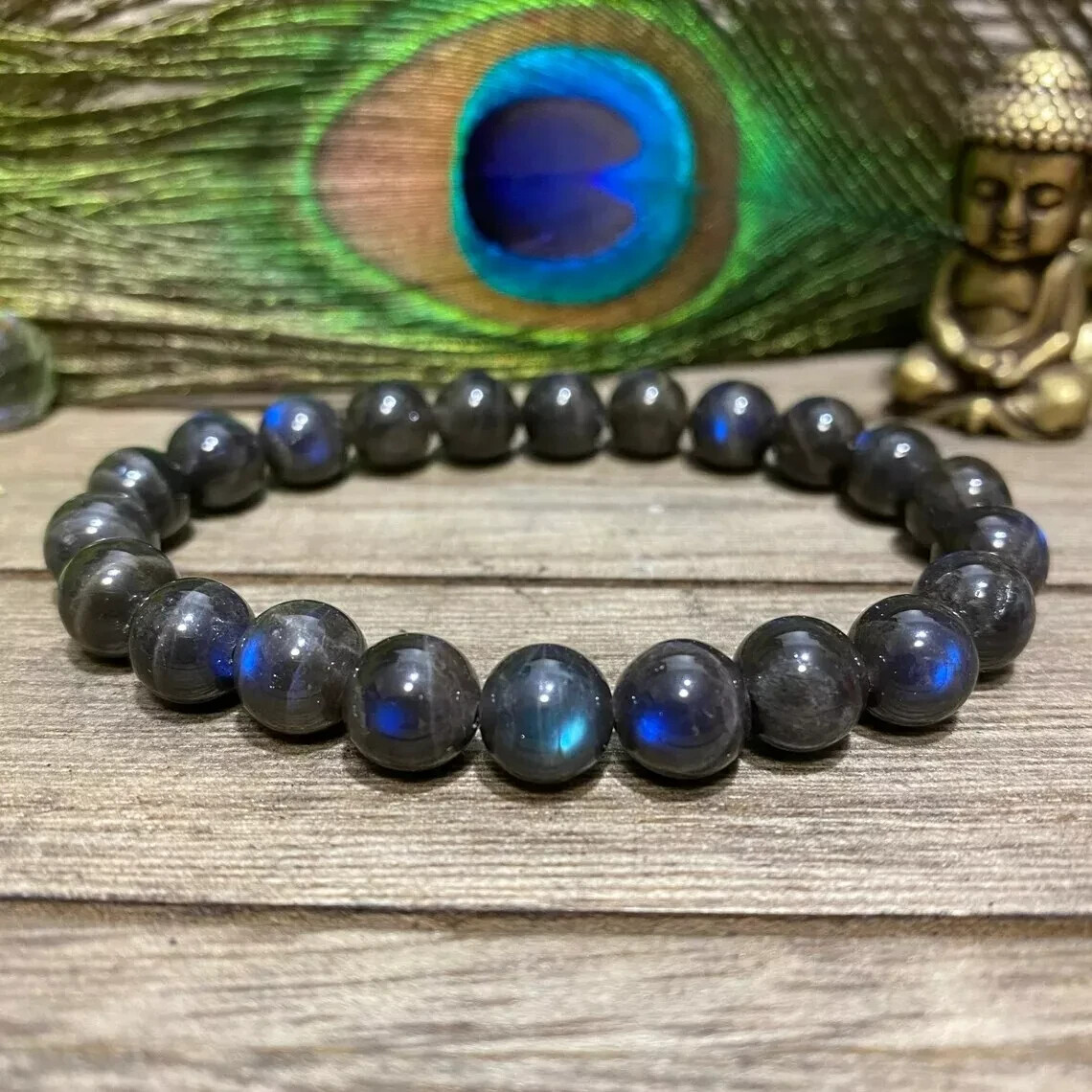 Natural Labradorite Cats Eye Beaded 7mm Gemstone Crystal Stretch Bracelet Gift