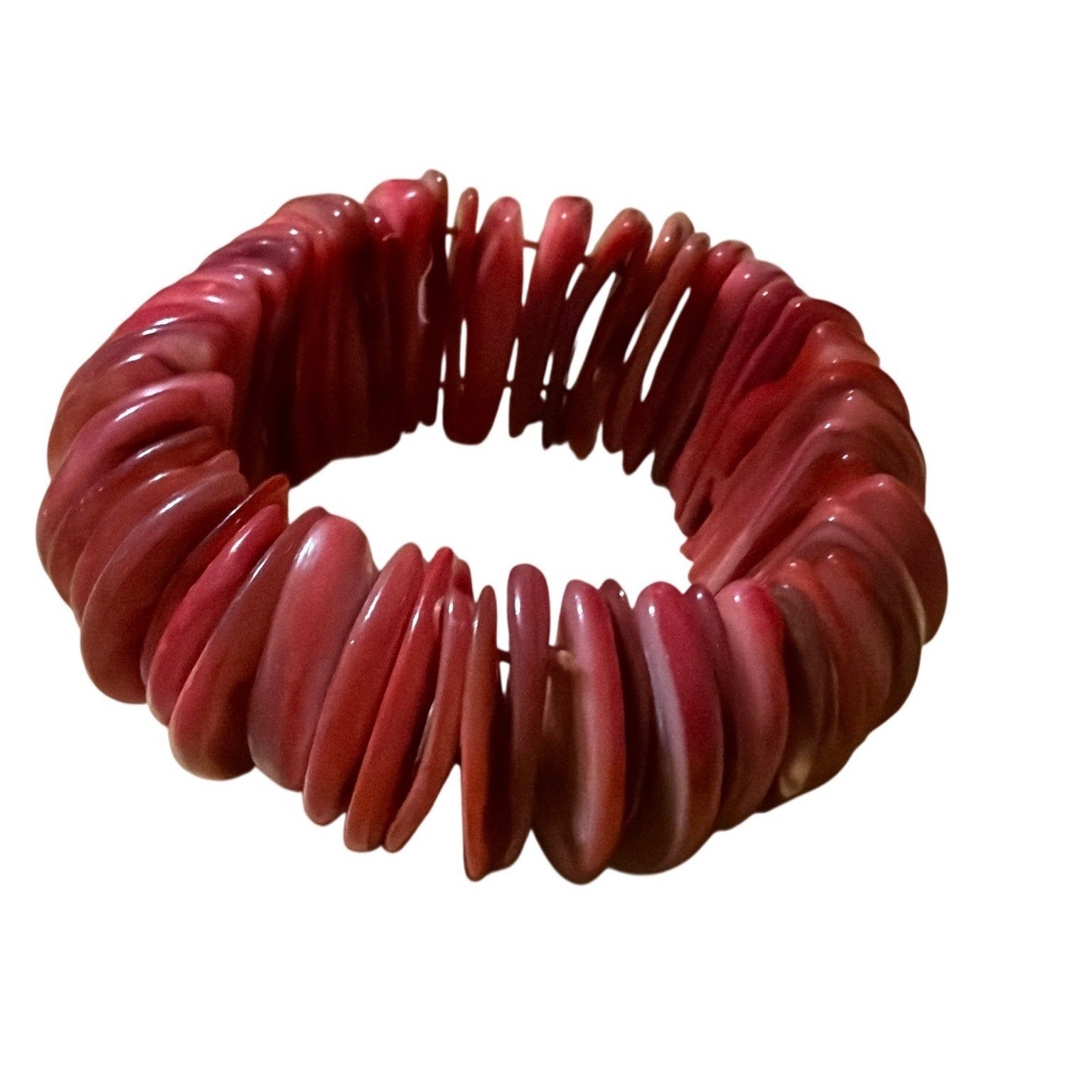 Red Shell Disc Stretch Bracelet Boho Statement Jewelry 6.5 Inch Interior Art