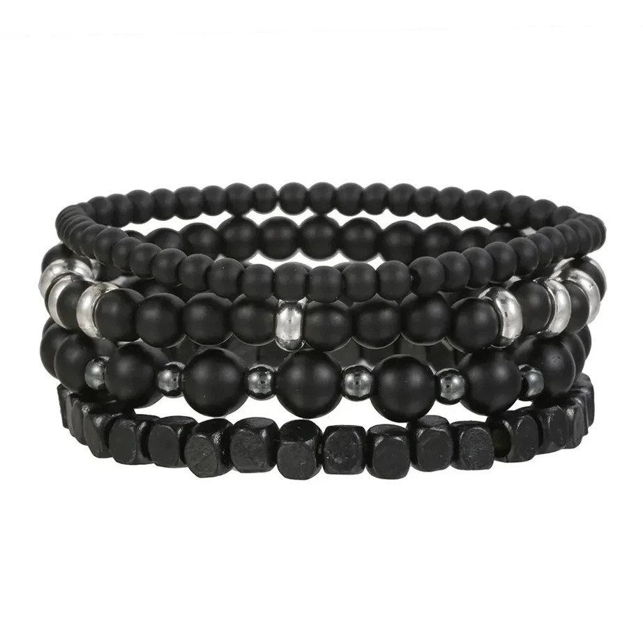 4pcs Black Stone & Wood Bead Elastic Bracelet Set for Men Women