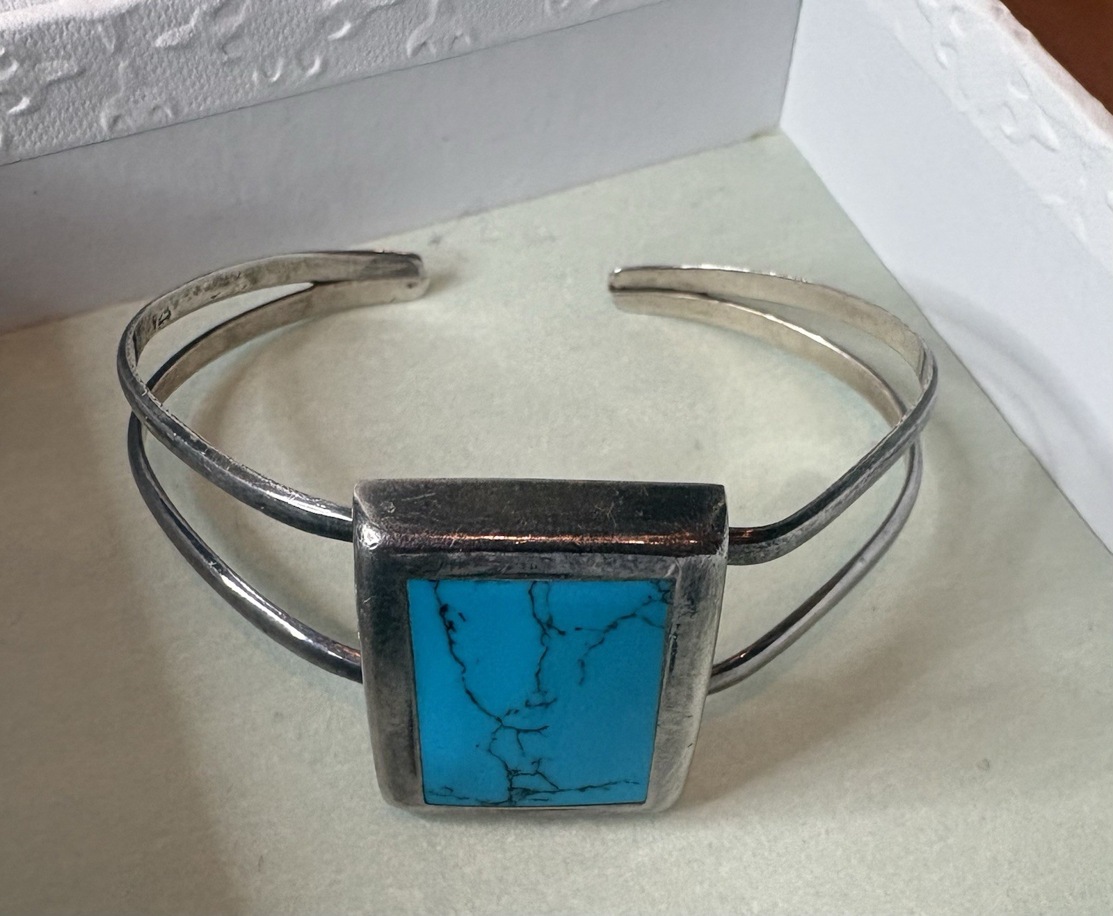 Turquoise Blue Stone Silver Tone Double Wire Cuff Bracelet Boho Southwestern