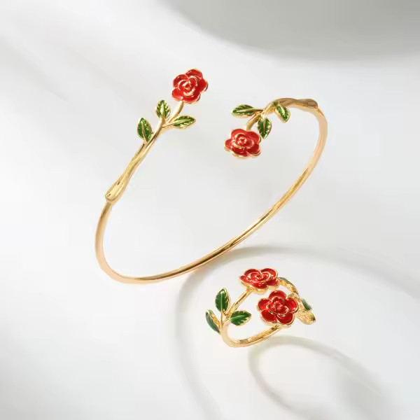 Floral Bracelet & Ring Set Gold & Silver Tone Enamel Open Cuff Women