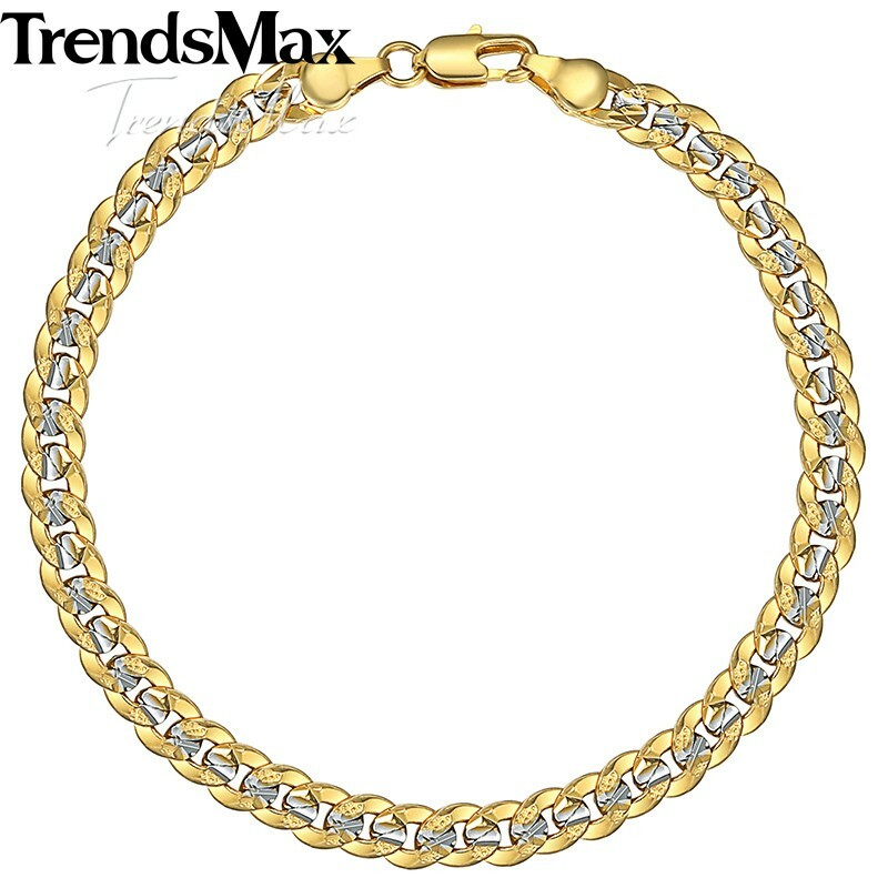 Silver&Yellow Gold Filled Chain Hammered Cut Curb Cuban Bracelet Women Men 8inch
