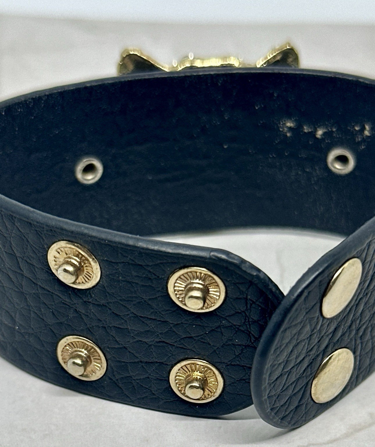 Gold Tone Leopard Head Rhinestone Faux Leather Statement Bracelet