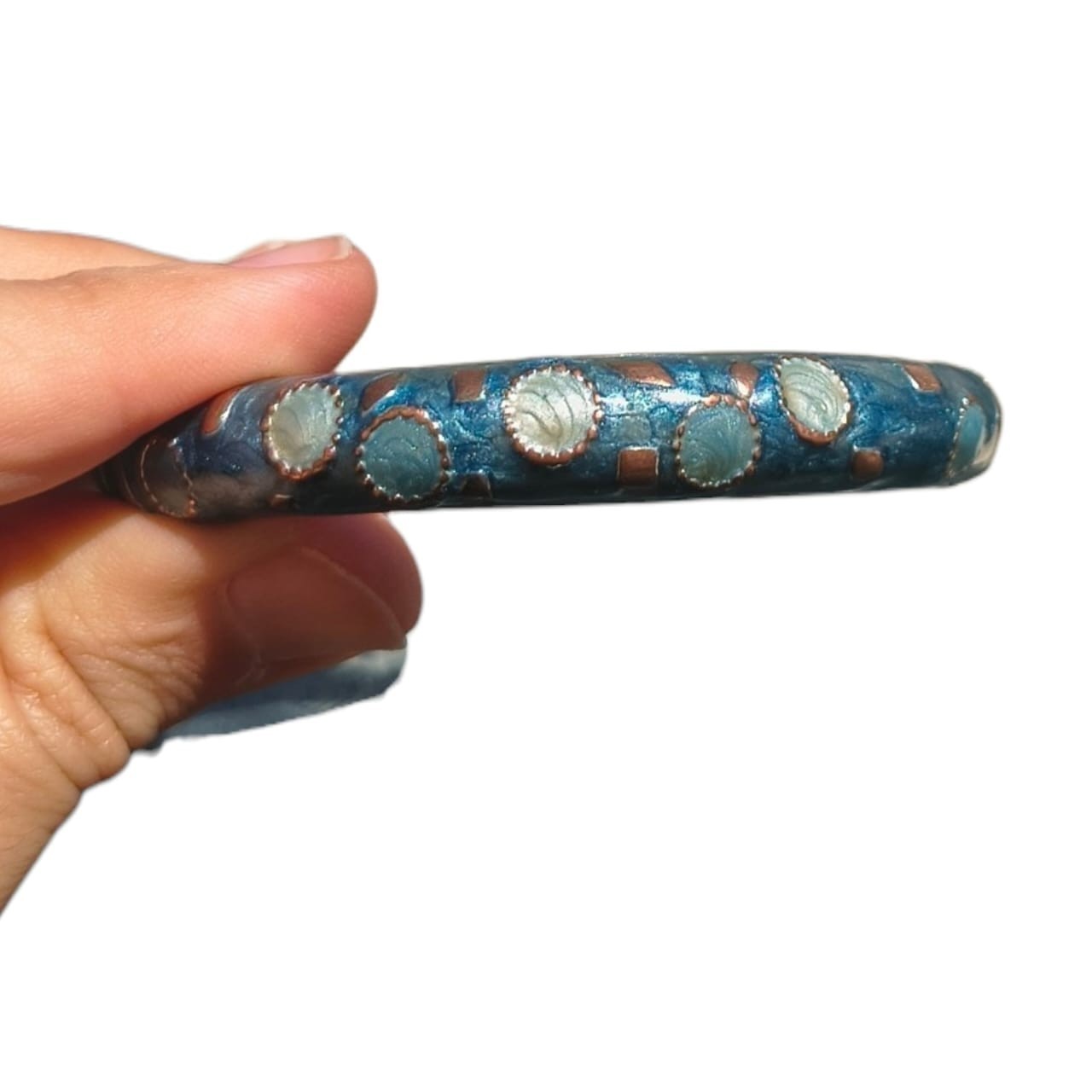 Vintage Blue Enamel Bangle Bracelet Copper Tone Hinged Cuff Boho Jewelry