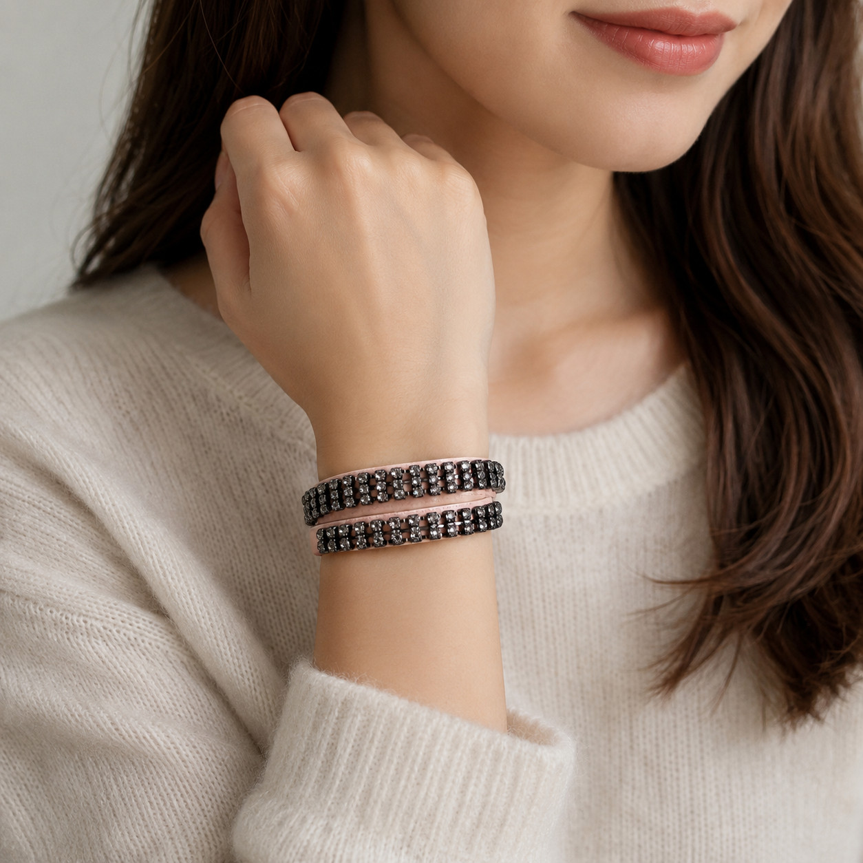 NWT Tory Burch CRYSTAL EMBELLISHED DOUBLE-WRAP VELVET BRACELET — Warm Blush