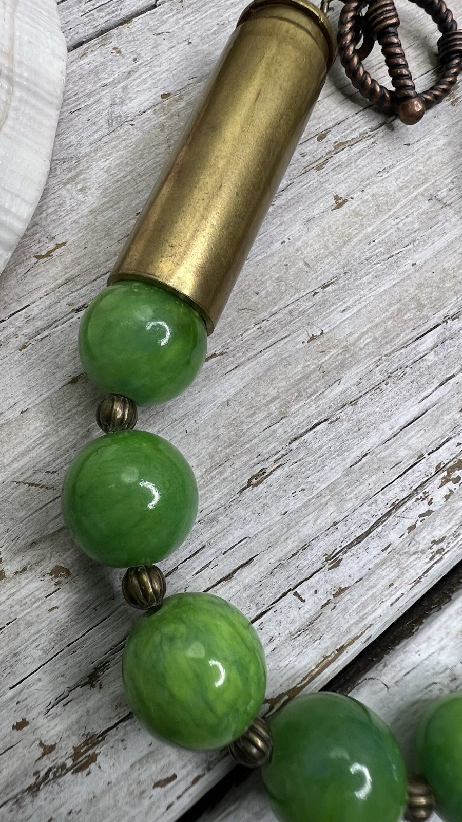 HANDMADE BRACELET W/BULLET CASINGS & GREEN GLASS BEADS ARTISAN 💚