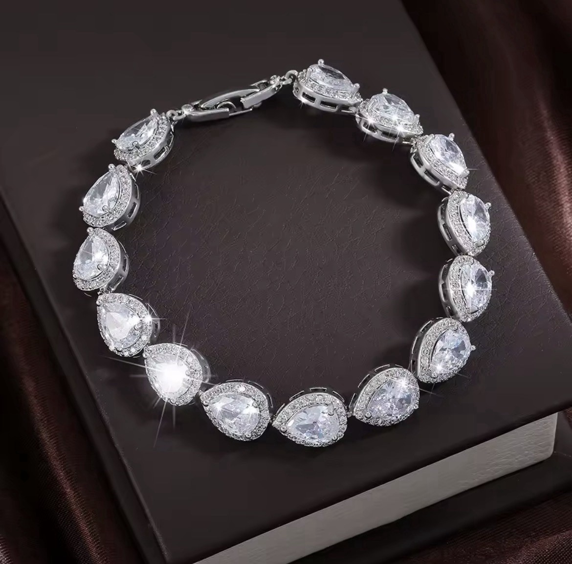 Silver-Tone Pear Teardrop White Simulated CZ Halo Tennis Link Bracelet