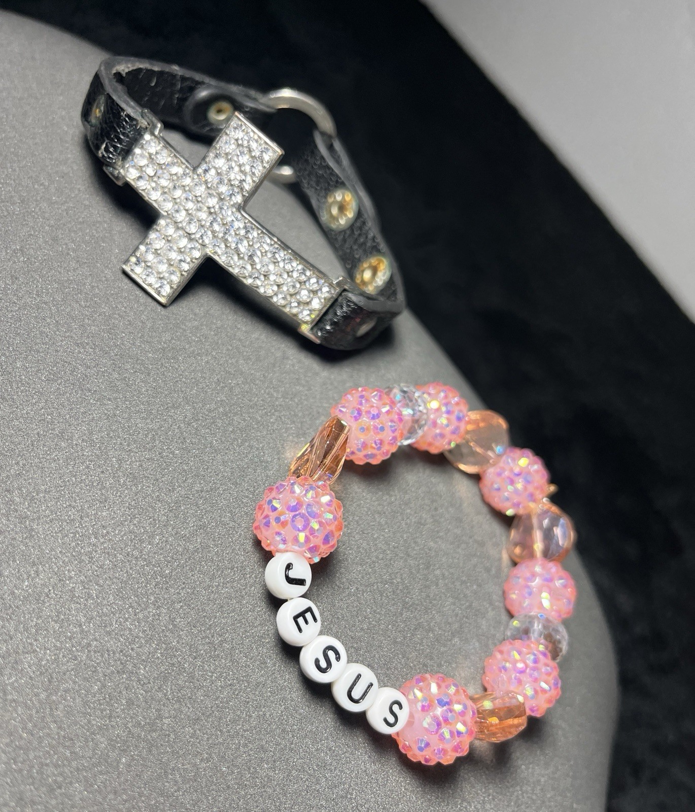 2 Religious Themed Bracelets. Leather With Studded Cross And Jesus Beads