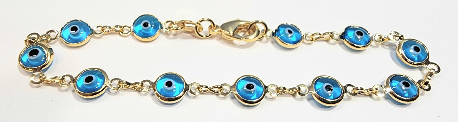 Evil Eye Bracelet Light Blue Eyes 7.5 inch Long 18k Gold Filled
