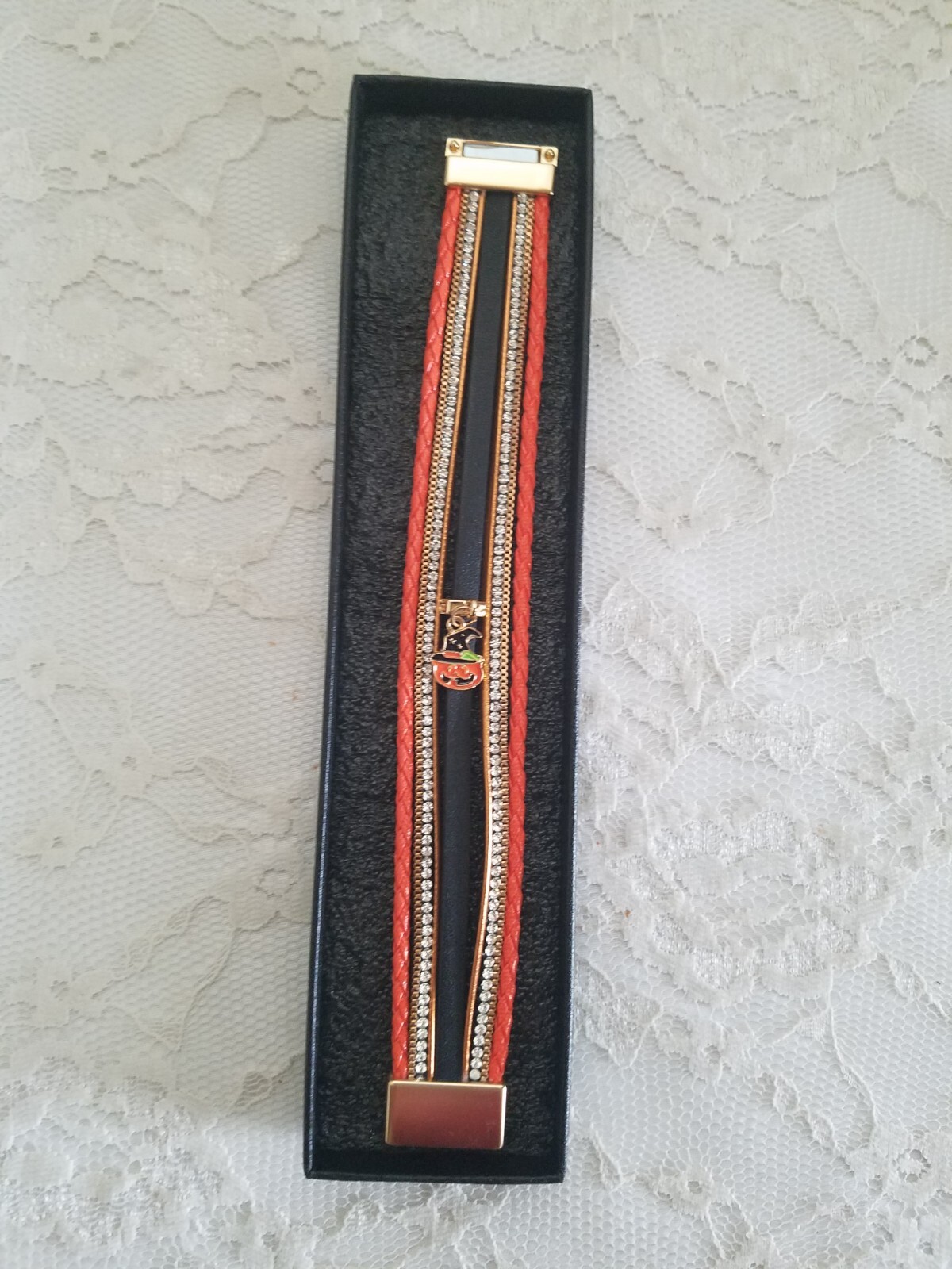 HALLOWEEN ENAMEL PUMPKIN MAGNETIC BRACELET RHINESTONES GOLD TONE LAYEREDED