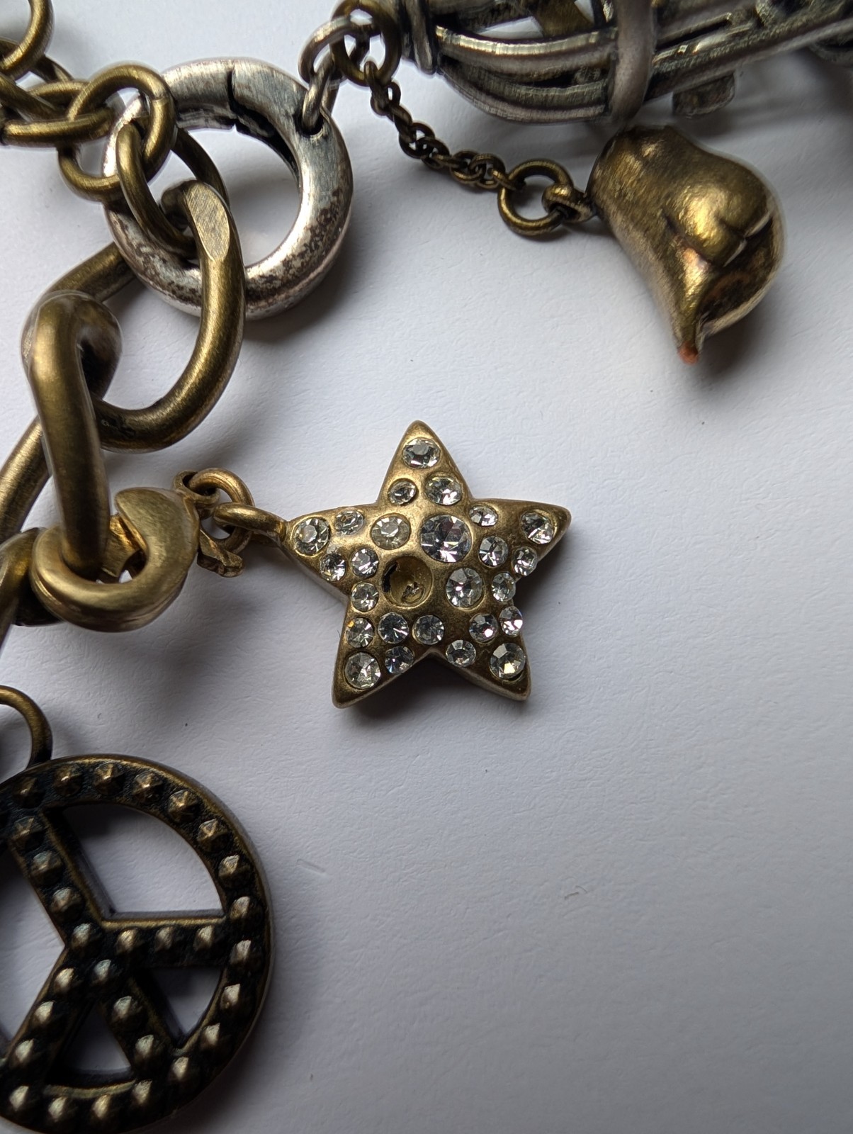 Fossil Brand Brass Chunky Bracelet w/ Charms Owl Flower Peace Birdcage Watch Y2K