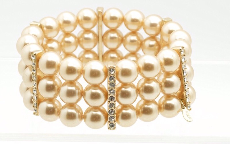 Signed Roman Two Row Cream Faux Pearl Stretch Bracelet Rhinestone Chunky