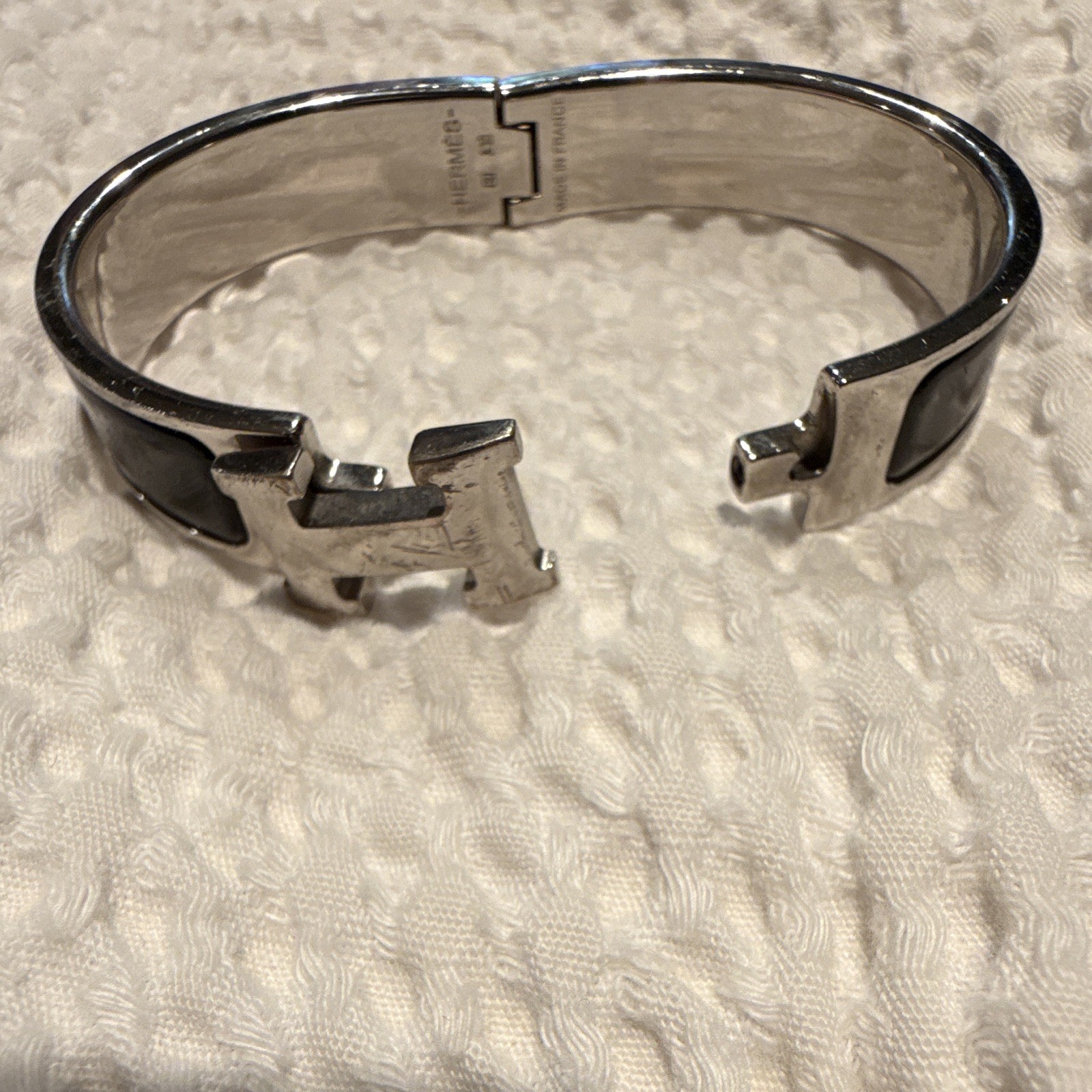 Hermès Signed Hinged Bangle Bracelet Silver Tone w/ Black Enamel Inlay France