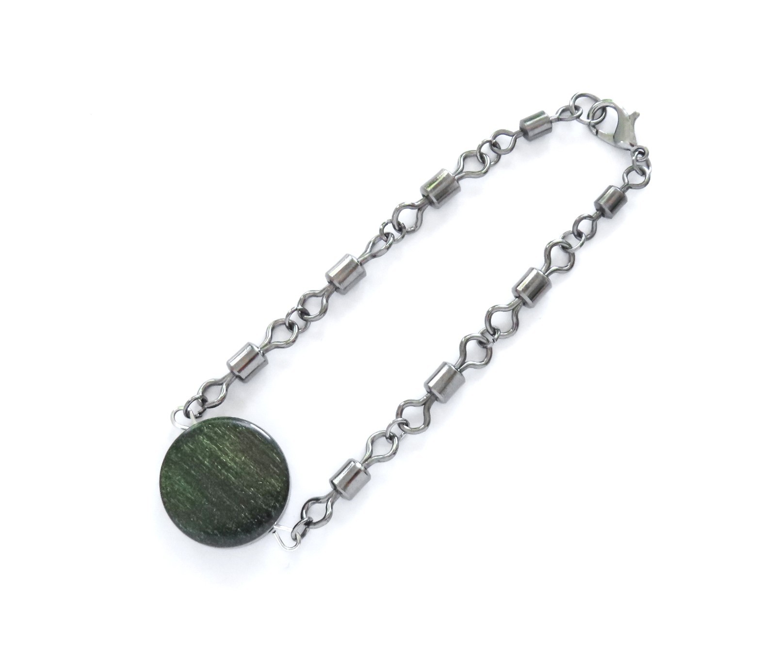 Nautical Bracelet Fishing Swivels Vintage Green Wooden Bead Waves Size 7.5