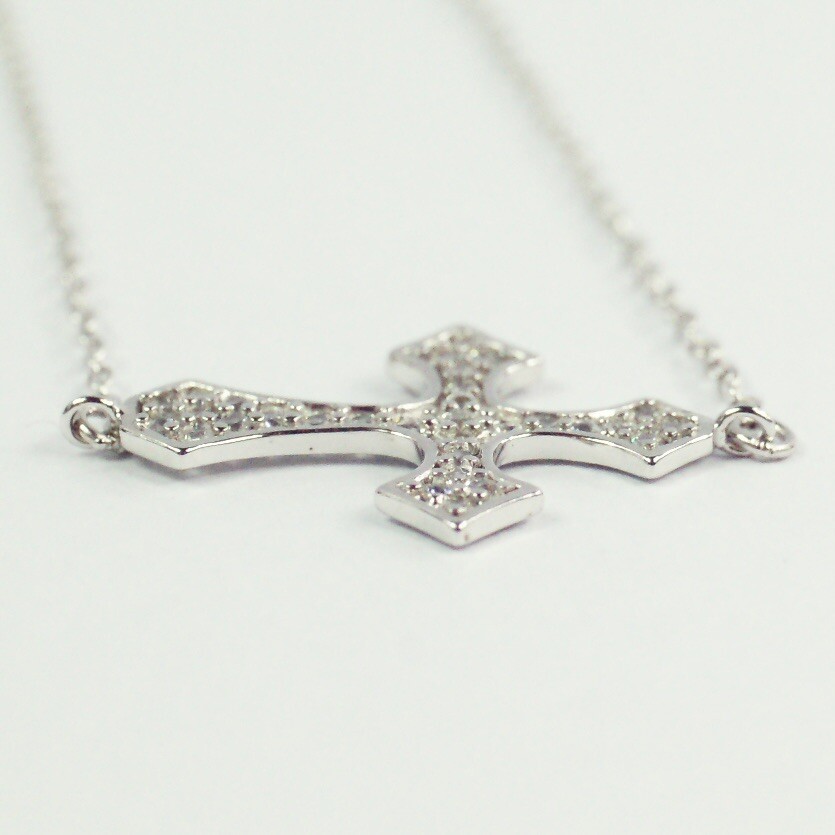 Sterling silver white/colorless CZ pavé cable chain cross bracelet