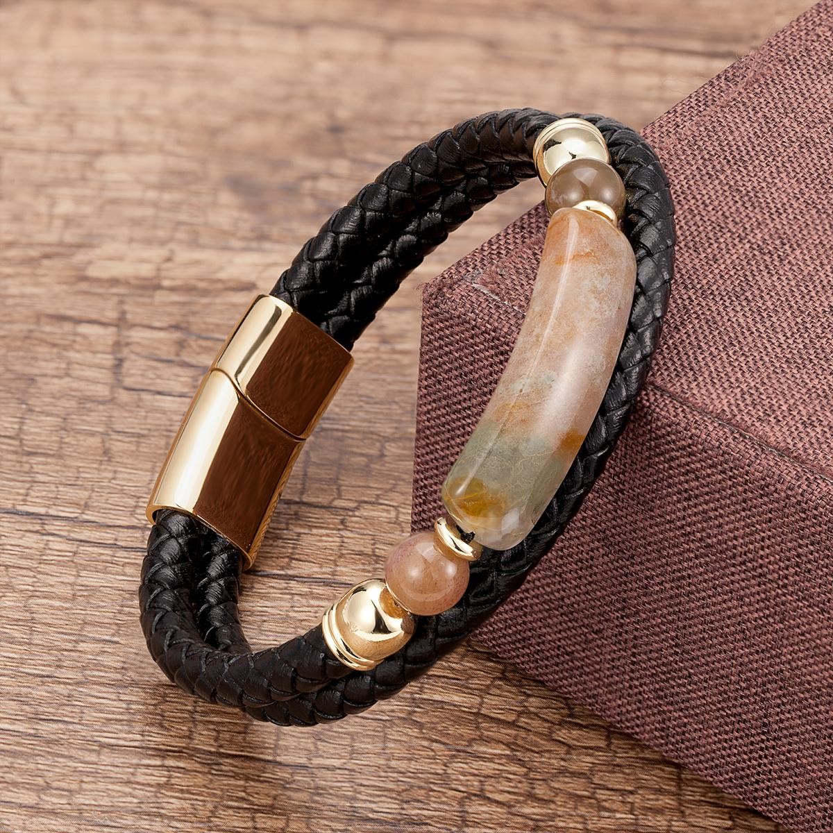 Men’s Multi-Layer Leather Bracelet with Natural Stone – Stainless Steel Clasp