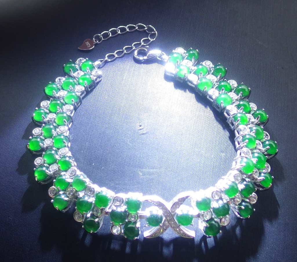Silver 925 A JADE Jadeite Bead Bracelet Diamond Imitation Cabochon 723385 AS