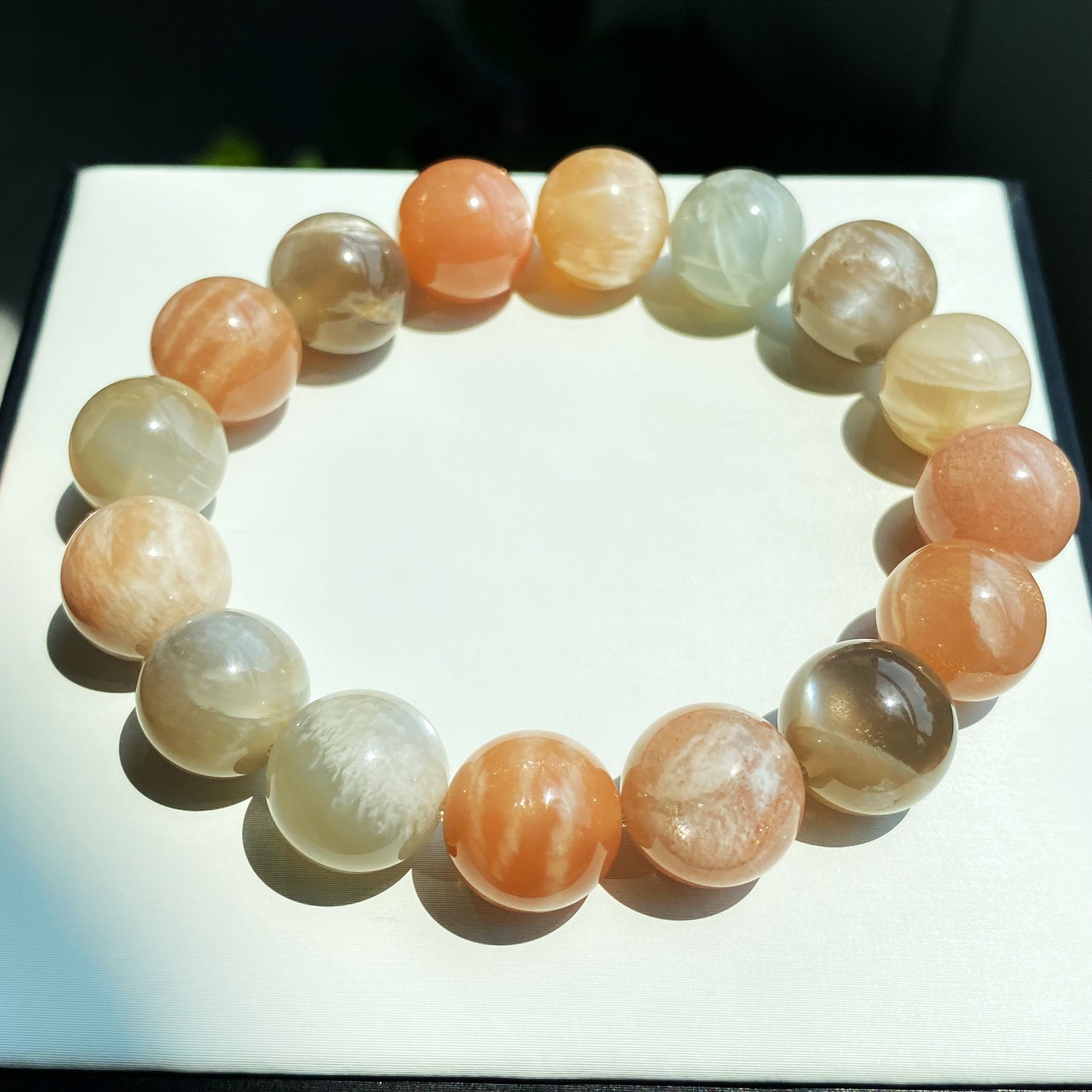 12.8mm Natural Color Moonstone Sunstone Strong Light Crystal Beads Bracelet 016