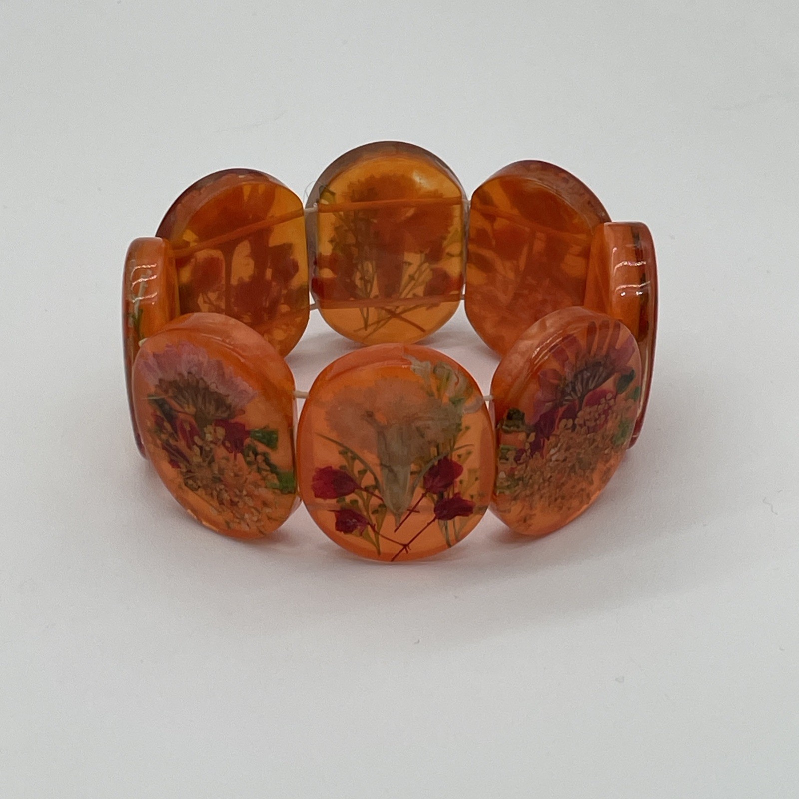 Vintage Style Unbranded Orange Resin Stretch Bracelet With Floral Pressed Design