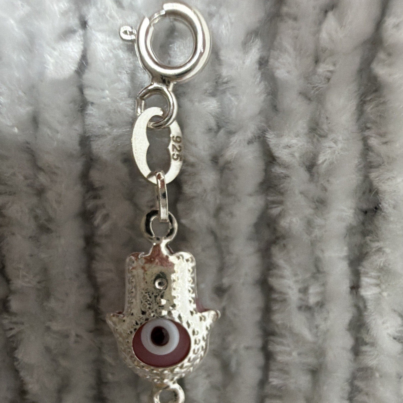New 925 Sterling Silver Hamsa Hand Evil Eye Charm Link Bracelet 7 Inch