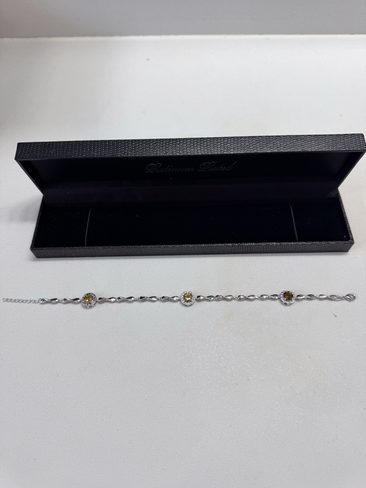 Gold Coast Platinum Plated Bracelet Lobster Clasp Adjustable 3 Citrine Stones