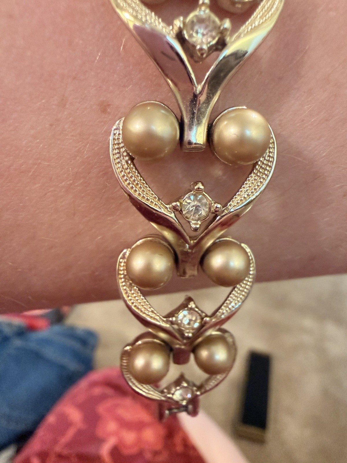 Gold Tone Heart Bar Link Bracelet w/ Imitation Pearls, Clear Crystals, Signed