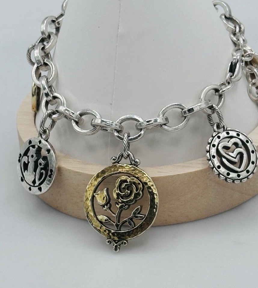 Brighton Paris Love Charm Bracelet Two Tone Heart Rose Cat Retired