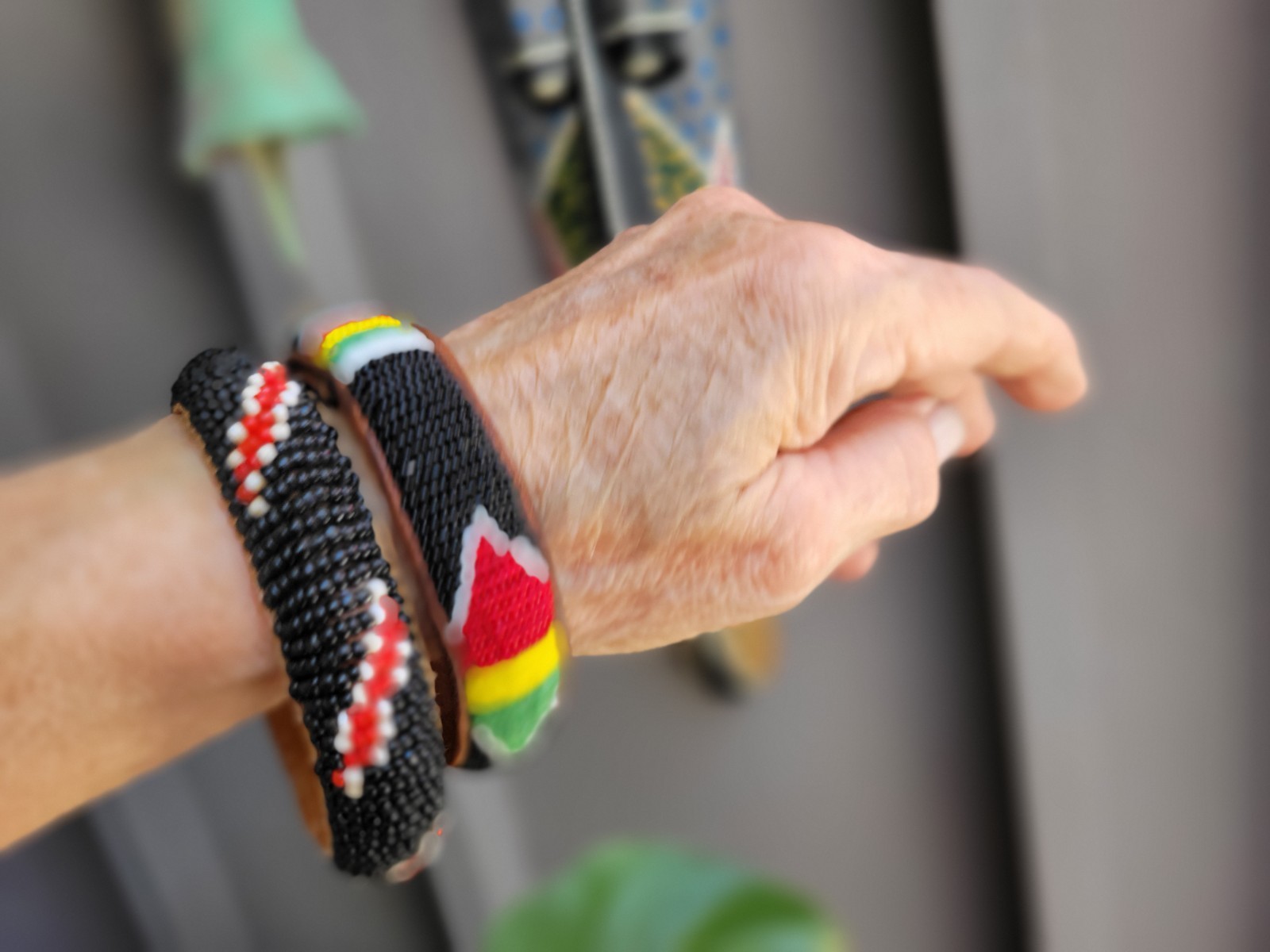 Vintage Lot of 2 African Woven Seed Bead & Leather Bangles African Colors 7″& 8″