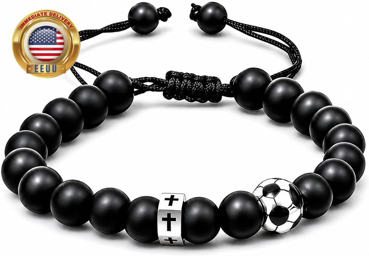 Soccer Cross Beaded Bracelet for Men Boys, Adjustable Black Obsidian & Nylon Cor