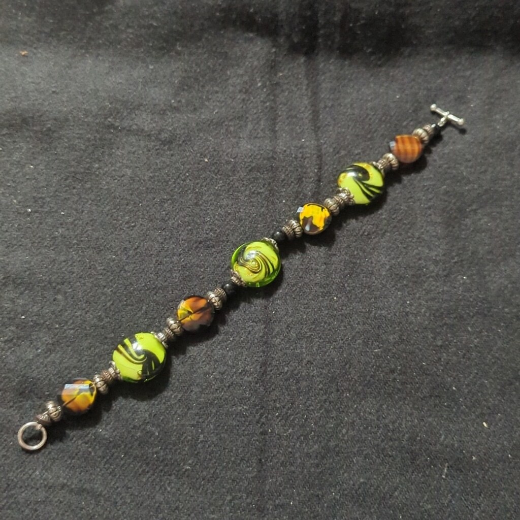 Silver Tone Black Green Orange Brown Swirl Glass Bead Statement Bracelet