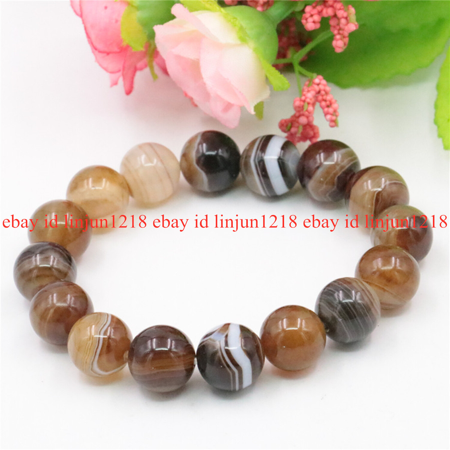 Natural 6/8/10/12mm Brown Striped Agate Round Beads Stretch Bracelet 7.5″