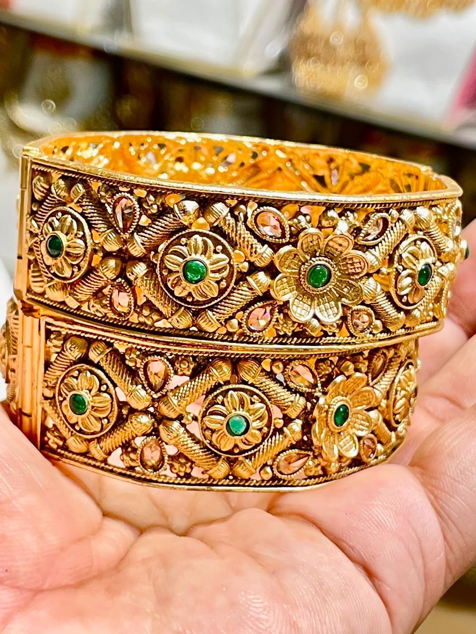 Pair Pakistani Gold Plated Bridal Kara Bangles Antique Green Stone Jewelry